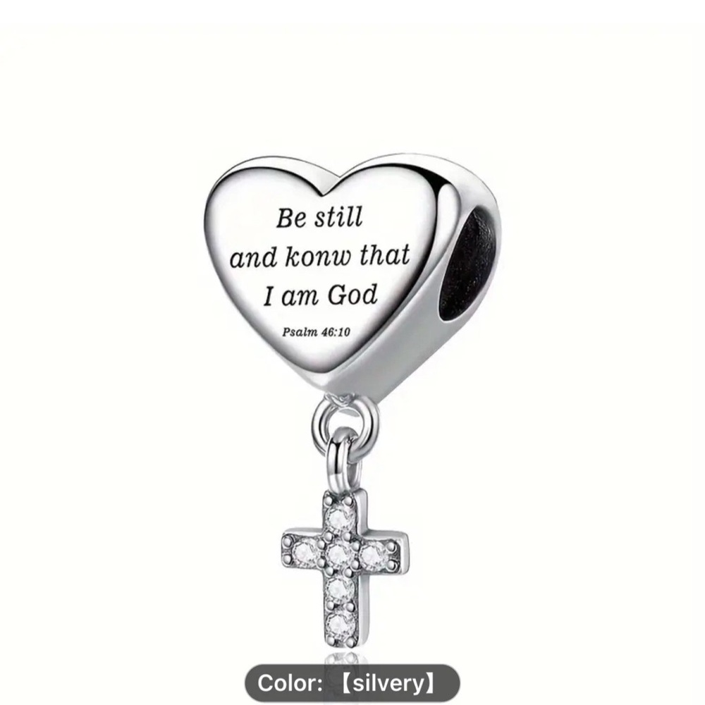 New Authentic S925 Sterling Silver Heart Bead Charm w/Cross Pendant Cubic Zircon